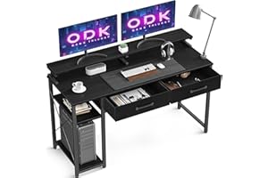 ODK Scrivania con 2 Cassetti, Scrivania Computer di Casa con Supporto per Monitor, Scrivania Ufficio Scrivania per PC Scrivania Gaming per Piccoli Spazi (Nero, 120x50cm)