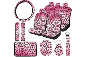 JINGSEN 15 PCS Pink Leopard Print Car Seat Cover Set,Steering Wheel Cover Center Console Armrest Pad Headrest Seat Belt Cover Handbrake Gear Cover Keychain Coasters Full Set for Car SUV