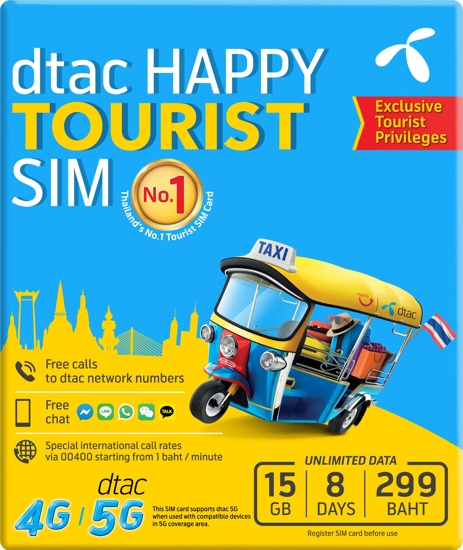 TSIM Thailand SIM Card | 8 Day Unlimited | 15GB +5GB Data @ 5G Speed | 35 min 2 India or 15 min 2 Local Calling (eSIM)