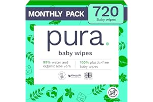 Pura Toallitas para bebé (12 paquetes de 60 toallitas), 100% libre de plástico, biodegradables, 99% de agua, aloe vera, orgánico vegano, apto para pieles sensibles, No Desechble (720 Toallitas)