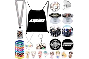 ZHENGGE Kpop Ateez Gifts Set, Including Drawstring Bag Backpack, Necklace, Earrings, Bracelets, Button Pins, Lanyard ID Holder, Keychain, Phone Ring Holder, Cartoon Badge