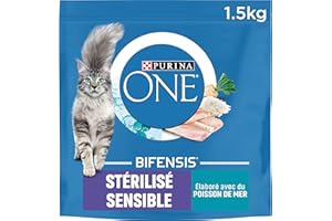 PURINA ONE | BIFENSIS | Spécial Chat Adulte Stérilisé à la digestion Sensible et l'appétit délicat | Aide à maintenir un système immunitaire fort | Croquettes | A Poisson de mer | Sac | Lot 6 x 1,5Kg