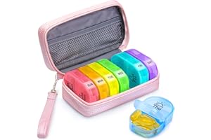 AUVON Pink PU Leather Bag Pill Boxes 7 Day 2 Times a Day, Large AM/PM Pill Box Organiser with Portable Zipper Leather Bag for Holding Supplements, Vitamins and Fish Oils