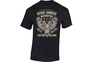 BADDERY Camiseta: Legendary Speed Junkies - Regalo Motero-s - T-Shirt Biker Hombre-s y Mujer-es - Motocicleta - Bike - Chopper - Moto Club - Anarchy - Motociclismo - Calavera - Motocross (Negro L)