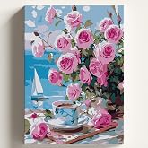 Sayılarla Boyama Tuval Hobi Seti PEMBE G&Uuml;LL&Uuml; MANZARA Temalı Fır&ccedil;a ve Boya Dahil Set (&Ccedil;ıtalı) 40x50 CM Kendin Yap Sayılarla Tu