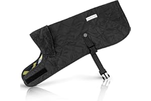 HOUND & YARD Black Quilted Dog Coat Jacket With Corduroy Collar Country Style Fully Adjustable Strap Showerproof with Soft and Warm Lining Winter Outfit Clothes (Medium - 45cm Long)