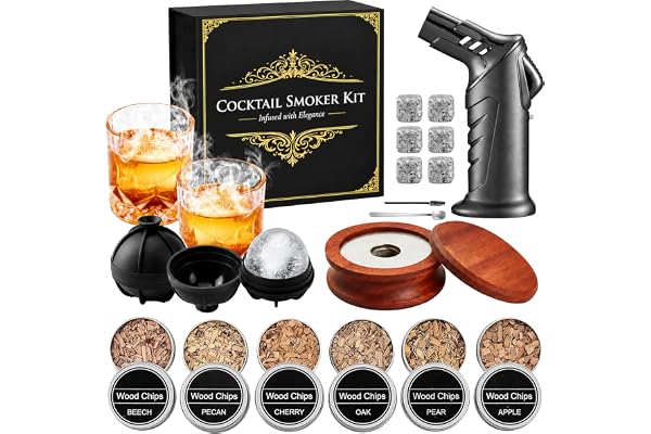 Whisky smoker set med brännare och 2 whiskyglas i presentask, utan butangas | En present att njuta av tillsammans: 2 whiskyglas, isbollsformar och granitstenar i en elegant presentask i svart och guld.