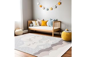 RUGURA Alfombra Infantil Habitación Niña Niño Dormitorio Nubes Estrellas Arcoiris Animales 120x170cm Gris Claro Beige Crema