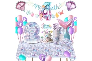 TERLUNNSI Meerjungfrau Geburtstag Deko 4 Jahre, Meerjungfrau Partygeschirr Set, Meerjungfrau Kindergeburtstag Deko 4 Jahre, Geburtstag Party Geschirr mit Luftballons für Meerjungfrau Deko 16 Gäste