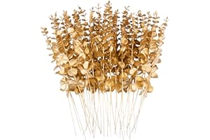 FEQO 36 Pezzi Eucalipto Artificiale Steli di Eucalipto Artificiale Foglie di Eucalipto Artificiali Falso Eucalipto Piante di Eucalipto Artificiale per Matrimoni Casa Festa, Oro