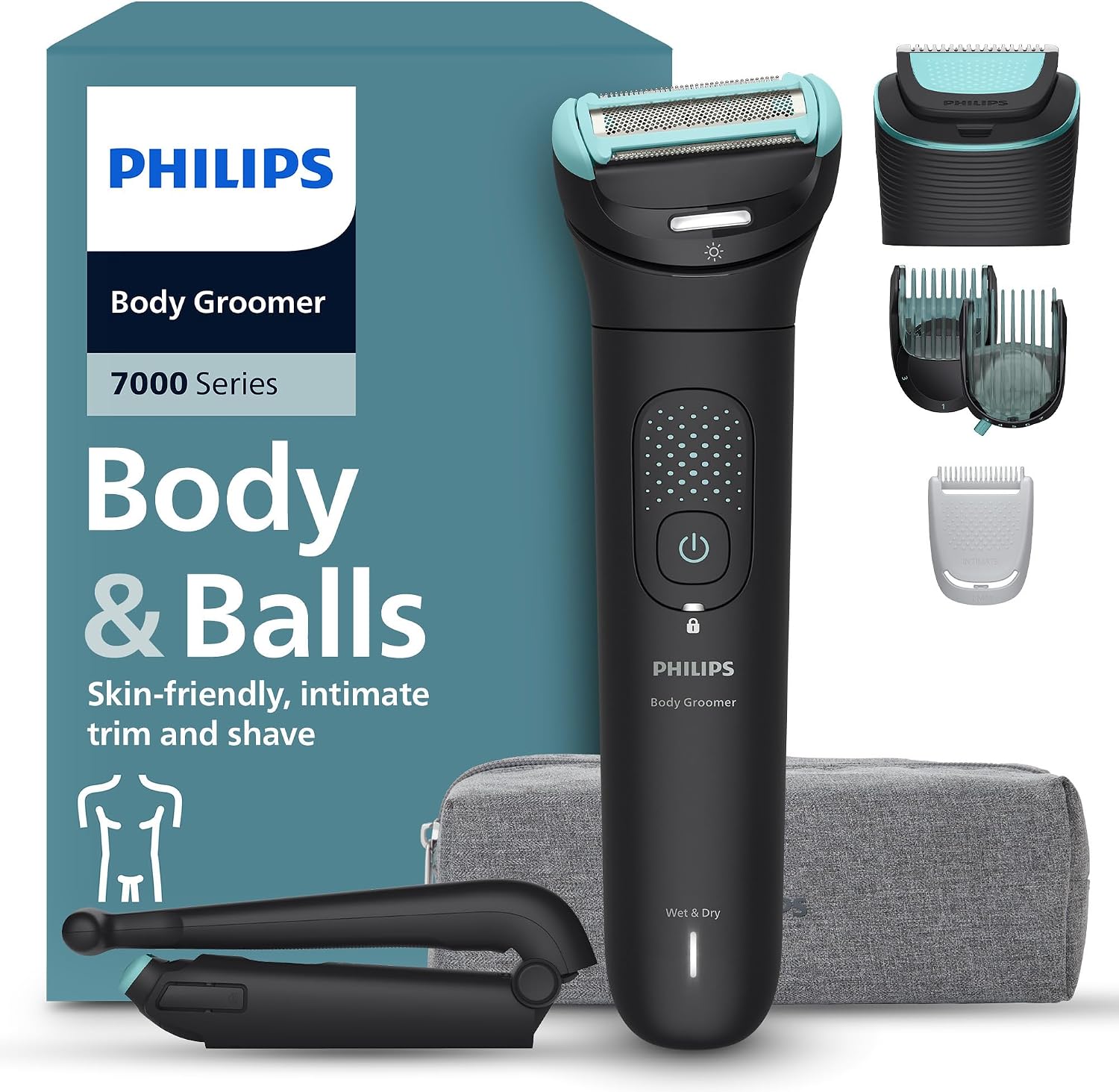 Philips Afeitadora Corporal S7000 - Recortadora para Hombre con Cabezal Pivotante Intercambiable 2D, Sistema Triple Protect, Apta para la Ducha y la Zona Íntima, 120 min. de Autonomía, BG7480/15