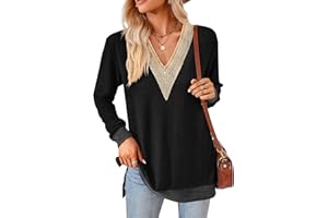 iChunhua Womens V Neck Lace Trim Lightweight Soft Jumpers Ladies Colour Contrasts Splits Side Relaxed Fit Tunic Tops