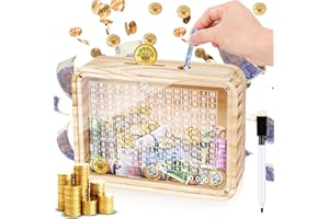Homgaty Wooden Money Box Savings Box Transparent for Adults,Savings Challenge Box Coin Bank 10000 Pounds with Erasable Pen and Acrylic Board Counting Money Box for Adult, Boys, Girls