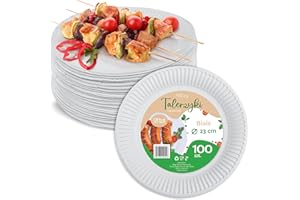 AllBags Jednorazowe talerze, okrągłe, jednorazowe talerze, stabilne, nadają się do recyklingu, przyjazne dla środowiska talerze, biodegradowalne, jednorazowe talerze papierowe, 100 sztuk (białe, 23