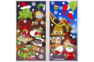 SOETDERT Grinch Obrazy na okno na Boże Narodzenie, 9 arkuszy dwustronnych Grinch dekoracja bożonarodzeniowa płatki śniegu, naklejka PCW, kreskówka bożonarodzeniowa, dekoracja okienna, do domu, szkoły, biura,