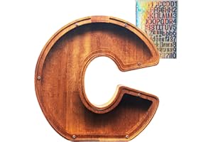 Wooden Letter Piggy Bank – Crefun HM284C New 23 cm/9.1 Inch Large Piggy Bank for Kids for Real Money, Coin Bank for Adult, Personalized Money Box for Home Decoration with Alphabet Stickers for DIY