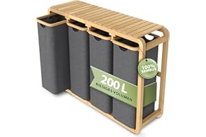 AMBIAVO® Wäschekorb 4 Fächer grau 200 L – Platzsparendes Design – 50L pro Fach - Stabile Bambuskonstruktion – Ablagefläche – Herausnehmbare, waschbare Wäschesäcke