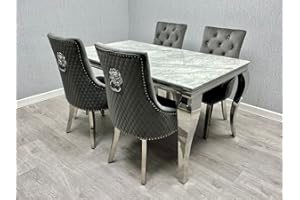 ASR INTERIORS ASR Grey Marble 150cm Dining Table with 4 Majestic Grey Velvet Quilted Lion Knocker Chairs | Dining Table, 4 Lion Head Chairs Set