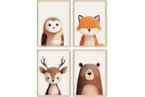 PACKLIST® Barnrumsinredning - Posters för Barn med Skogsdjur och Natur: Björn, Uggla, Hjort och Räv - A4 (21x30 cm) 250g. Barntavlor utan Ram för Pojkar och Flickor.