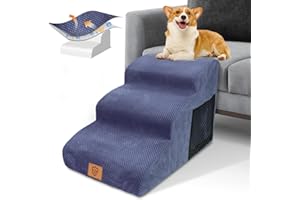 Hundetreppe, Haustiertreppe, HEVOL Hundetreppe für Kleine Hunde, 3 Stufen Hunderampe 40cm Hoch, rutschfeste Katzentreppe mit Waschbarer Bezug, Hochdichte Schaumstoff Haustierrampe