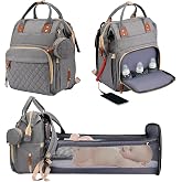 Multifunctional Baby Mummy Bag, Baby Changing Backpack with Foldable Crib, Diaper Backpack with USB Charging Port, Large Capa
