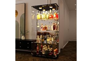 DADEA Vetrina in vetro a specchio, vetrina a 4 ripiani, 2 ante, con luce e serratura, armadietto portaoggetti da pavimento in vetro, per casa e ufficio (colore: nero, specchio 2D + luce 4 L)