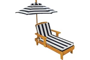 KidKraft Chaise Longue en Bois pour Enfant avec Coussin, Bain de Soleil avec Parasol, Salon de Jardin extérieur pour Enfants, Bleu Marine et Blanc, 00105