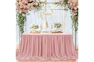 QUEENDREAM 14FT Chiffon Table Skirt Sheer Tablecloth for Wedding 1st Baby Girl Birthday Party Bridal Shower Decoration Dusty Rose