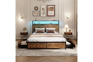 RELAX4LIFE Double/King Size Bed Frame with LED Lights, 4 Rolling Drawers, Charging Station, 4FT6/5FT Slatted Support Bed Base, Industrial Metal Platform Bed, No Box Spring Needed (207 x 143 x 102cm)