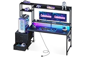 Coleshome Bureau Gaming avec Étagère et Tiroirs, Bureau Gamer avec Éclairage LED & Prise Intégrée, Table Ordinateur avec Tablettes de Rangement & Support Moniteur (Noir Fibre de Carbone, 137×48 cm)
