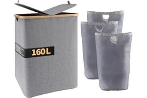 Hibisaws 160L Cesto Portabiancheria Sporca per Bagno, 2 Scomparti, Cesta Portabiancheria in Bamb¨² con Coperchio, Porta Biancheria Sporca con Manici,Cesto Panni Sporchi (Grigio)