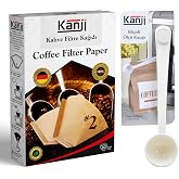 Kanji Kahve Filtre Kağıdı No:2 (1x2) 80'li + Klipsli &Ccedil;ay Kahve &Ouml;l&ccedil;&uuml; Kaşığı | Beyaz Demleme Seti | Ağartılmamış Doğal Kağıt | 