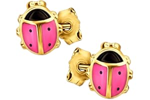 Clever Schmuck oro orecchini"piccola coccinella rosa laccato nero" 333 vero oro lucido