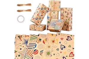 Zindoo Papier Cadeau Papier Emballage Cadeau avec Autocollants et Ficelle Papier Cadeau Kraft Colorés Recyclable pour Anniversaire Fête Noël Saint-Valentin Mariage
