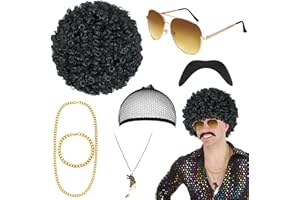 Horolam 7PCS 70s 80s Disco Wig for Men, Afro Wig for Men Short Curly Disco Wig Costume Accessories for Cospay Hippies Party