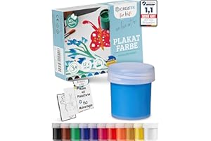 CreaTek Bastelfarben für Kinder [Perfekt für Kiga, Schule & Hobby] 12x20ml Leuchtende Malfarben 3 Jahre - 100% Sicher, Vegan, Geruchlos & Auswaschbar - Plakatfarben, Malfarben Schule