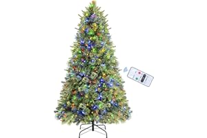 SHareconn 228 cm Árbol de Navidad con Bisagras Artificiales, Preiluminado, con Luces Blancas Cálidas y Multicolores & Conos de Pino, Soporte de Metal Plegable para Decoración de Navidad