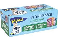 Mjau Megabox bitar i sås med regnbågslax, fjällröding, kyckling & oxkött – 48×85 g våtfoder för katter i stor förpackning. Med naturliga råvaror, utan tillsatt socker & färgämnen.