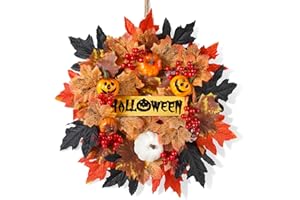 BOFUNX Corona Puerta de Halloween 50cm Guirnalda con Calabaza Hoja de Arce Fruta Roja Artificial Adorno Decoración Fiesta Halloween de Hogar Puerta Pared Ventana Interior Exterior