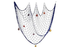 YSTrillion Fish Net Décor Blue, Fischernetz Deko,Muscheln Deko Netz,Dekoratives Fischernetz im Mediterranen Stil mit Farbigen Muscheln für Heimdekoration,Themenbar 100 x 200 cm,Blau