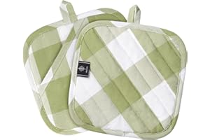 BONTHEE Presine in cotone con tasche, presine da 20,3 cm, resistenti al calore, per cucinare e cuocere in cucina, motivo scozzese verde, 2 pezzi
