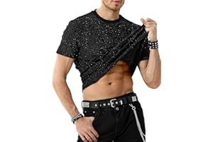 Casey Kevin Men's Shiny Shirts Short Sleeve Sparkly Disco Rave Hot Tops Nightclub Glitter T-Shirt