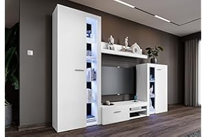 Furnix Wohnwand RIVAY Mediawand Modern Weiß Wohnzimmer 4-TLG Komplett-Set - TV Lowboard, Highboard Vitrine, Wandregal - Modern Freistehend - B 270 x H 190 x T 40,2 cm, Farbe Weiß