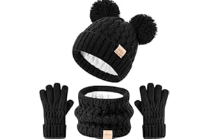 Tontuland Kinder Wintermütze Schal Handschuhe Set Kinder warm stricken Fleece gefüttert PomPom Hut für Kinder im Alter von 3-9, perfekt für Jungen und Mädchen