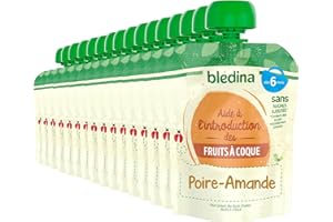 Blédina - Gourdes de Purées de Fruits et Amande - 16 gourdes Poire Amande - Pour bébé dès 6 Mois - Lot de 16 gourdes de 85g