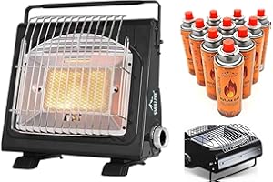 SMH LINE® Chauffage à gaz portable 2 en 1 - Chauffage à gaz pour camping - Chauffage d'extérieur - 1,7 kW - Brûleur + cartouches de gaz butane - Chauffage au gaz avec 16 cartouches de gaz butane -