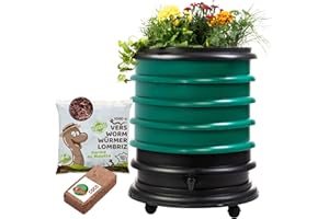 WORMbox | Wurmkomposter Wurmfarm Wurmkiste mit 4 Schalen Dunkelgrün + Pflanzgefäß + 500g Kompostwürmer / 1000 STK + 1 Coco | 64 Liter | Regenwurmkomposter, Kompostwürmer produzieren Wurmhumus