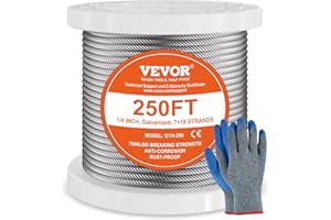 VEVOR Cable de Acero al Carbono Galvanizado en Zinc de 6,35mm Cable de 76,2m con Guantes, Resistencia a la Rotura de 31,1 KN, 7x19 Hebras, Cables de Grado de Construcción para Aeronaves para Pasamano