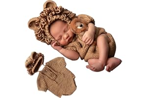 Xanewza Nouveau-Né Tenues de Photographie Bébé Crochet Tricoté Accessoires Photoshooting Set Costume Lion pour Bébé Garçon Fille Combinaison Tricotée + Bonnet Tricoté