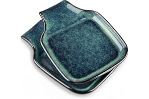 vancasso Stern Spoon Rest for Kitchen, Square Ceramic Spoon Holder, Heat Resistant Utensil Rest for Countertop, Tea Bag Holder Dish, Dishwasher Safe, Kiln Green, 2 Pack